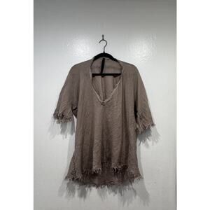 Jaga DTLA 100% Linen Short Sleeve Blouse V Neck Fringe Trim Coastal Boho Light